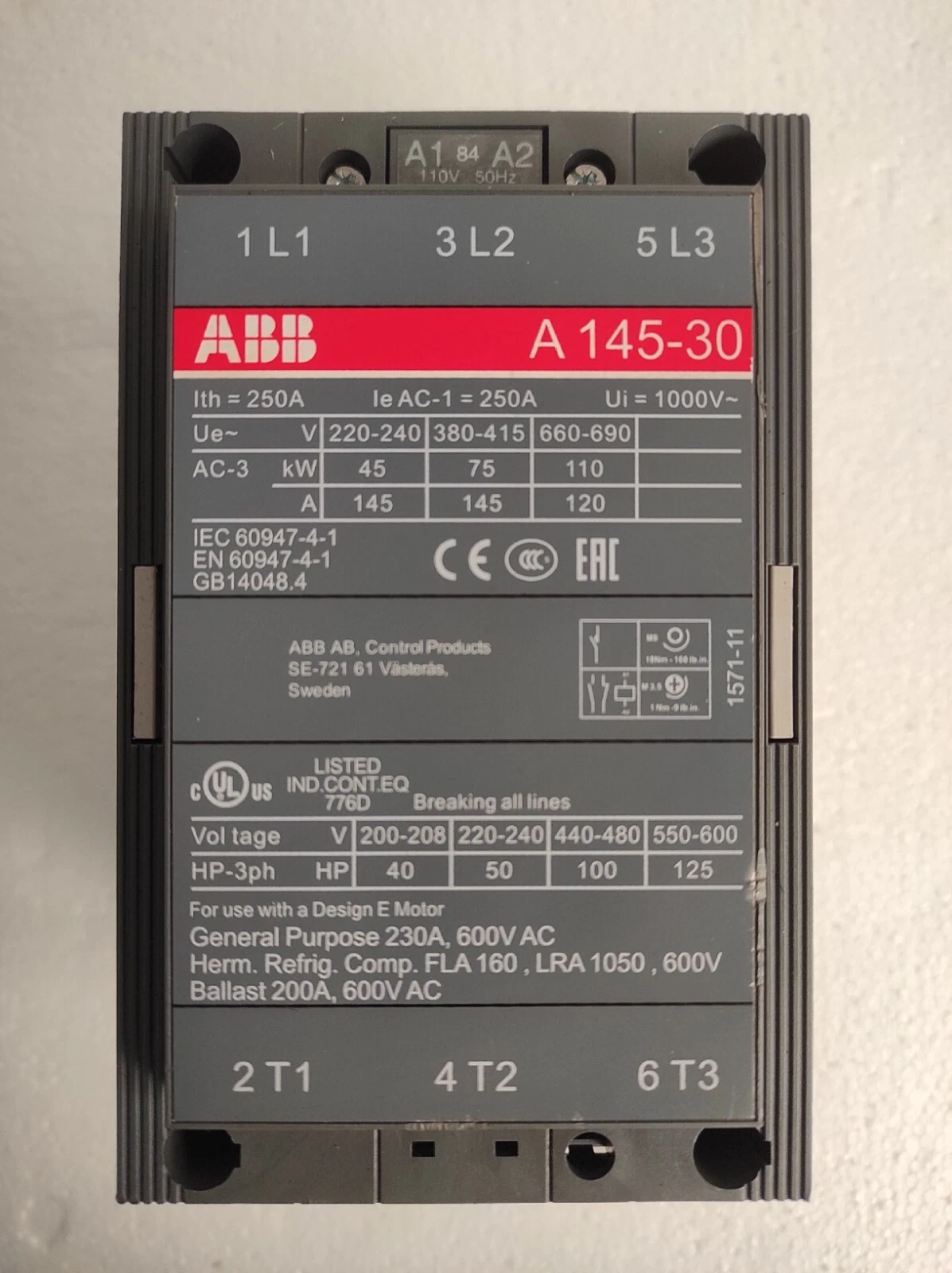 ABB a145-30 / A145-30 Contactor 220-230V 50Hz / 230-240V 60Hz CAL18-11 #2